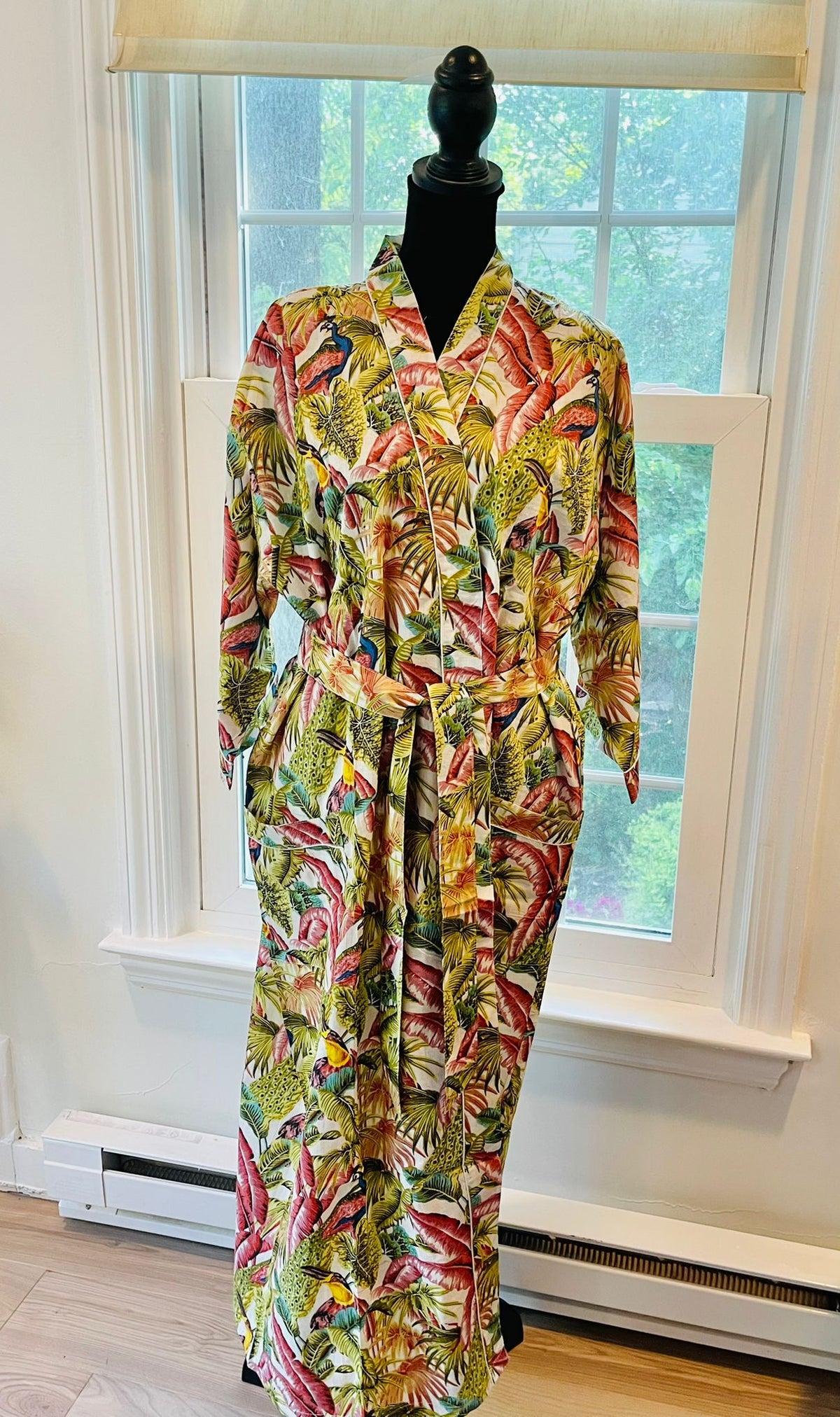Handcrafted Block Print Cotton Kimono Robe | Multicolored Jungle Palm & Exotic Bird Tropical Lounge Robe | Spa & Sleepwear