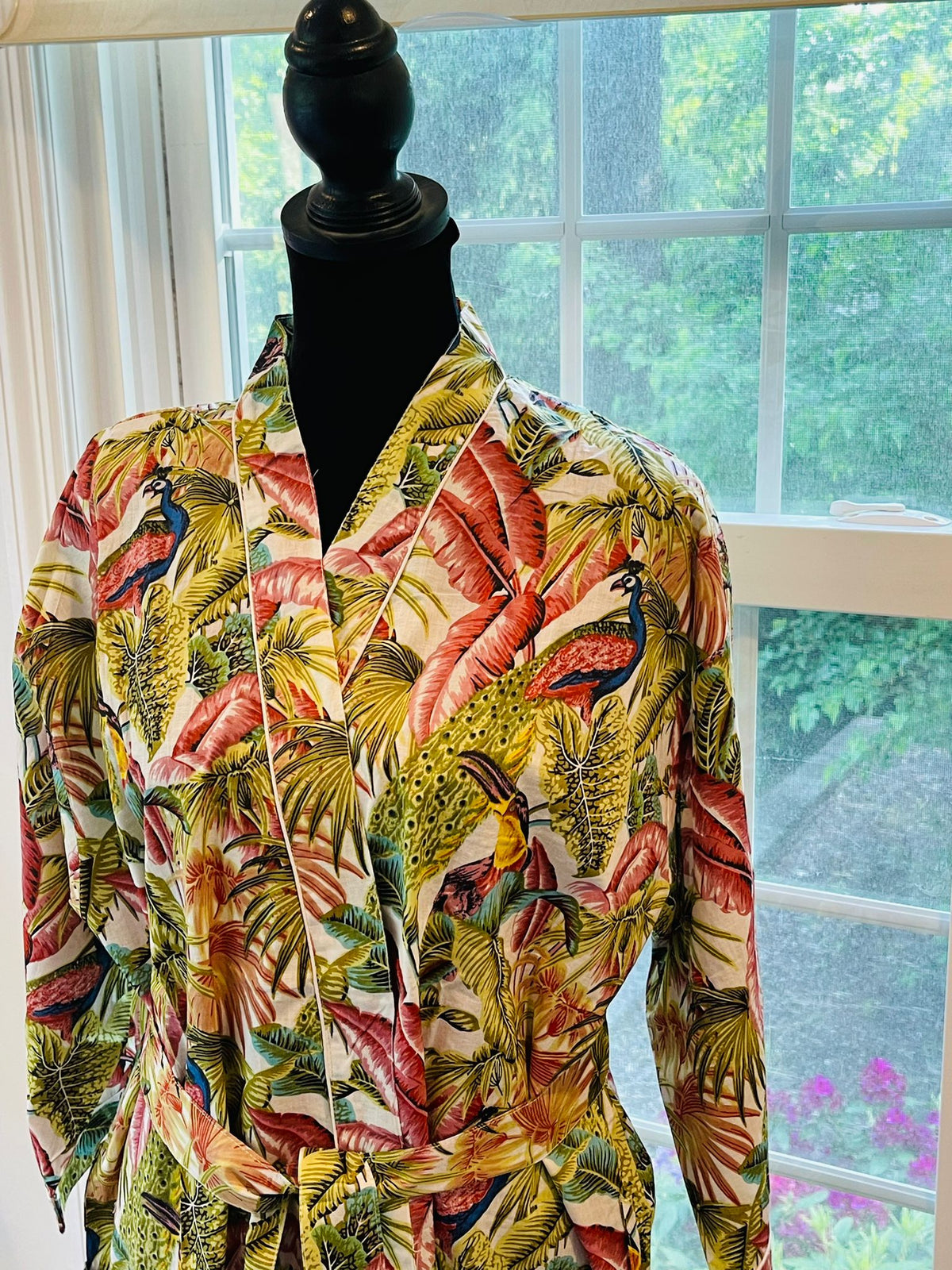 Handcrafted Block Print Cotton Kimono Robe | Multicolored Jungle Palm & Exotic Bird Tropical Lounge Robe | Spa & Sleepwear