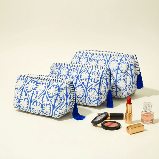 Set Of 3 Makeup Bag, Indigo Jali Block Print Cotton Travel Case, Quilted Cosmetic Storage Bag Set