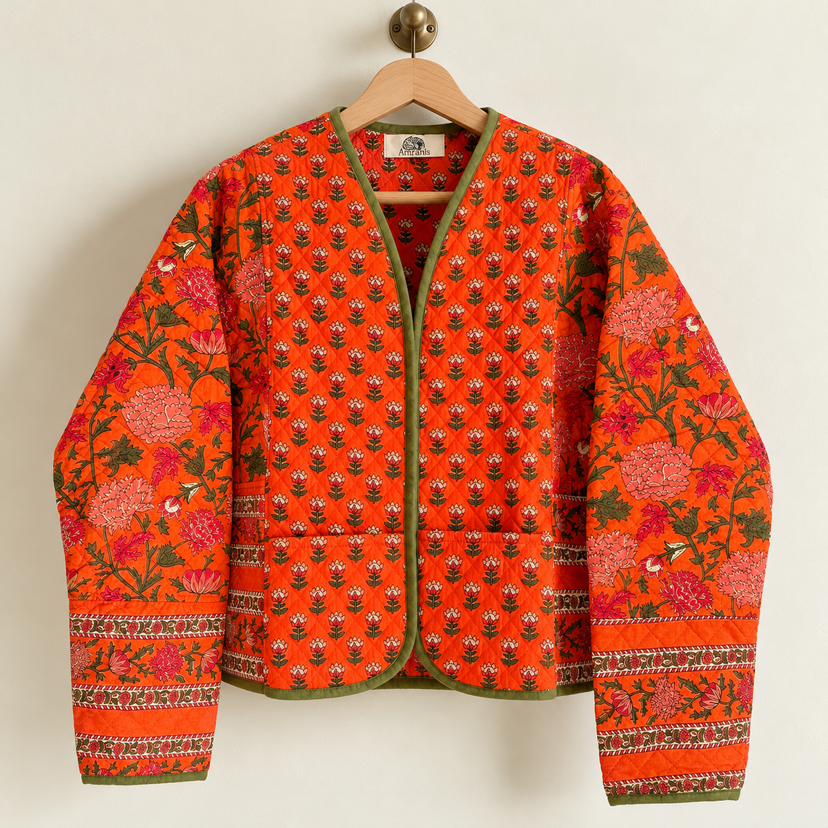 Reversible Orange Quilted Jacket Indian Block Print Cotton Short Coat Handcrafted Boho Jacket Women Lightweight Outerwear One Size Gift