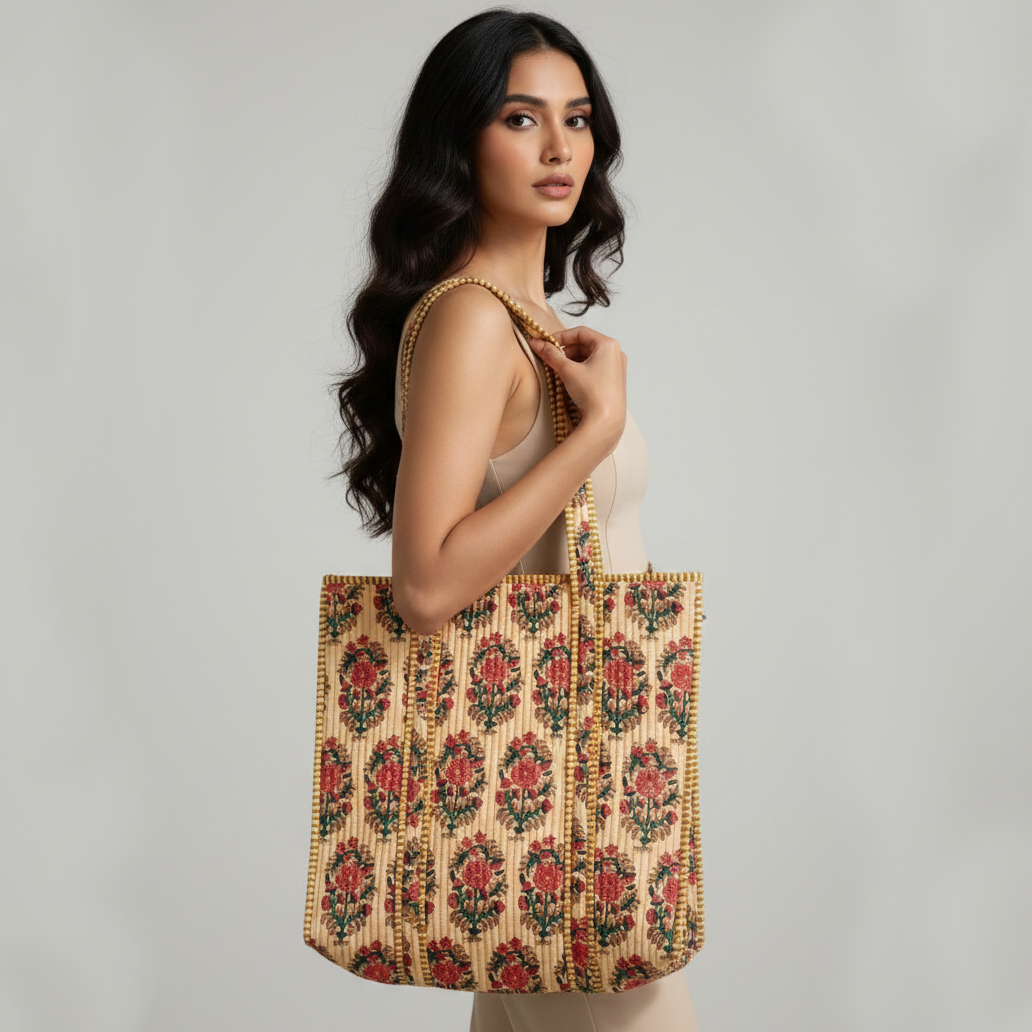 Handmade Beige Floral Block Print Quilted Cotton Tote Bag, Indian Boho Shoulder Bag, Botanical Travel Shopping Beach Bag