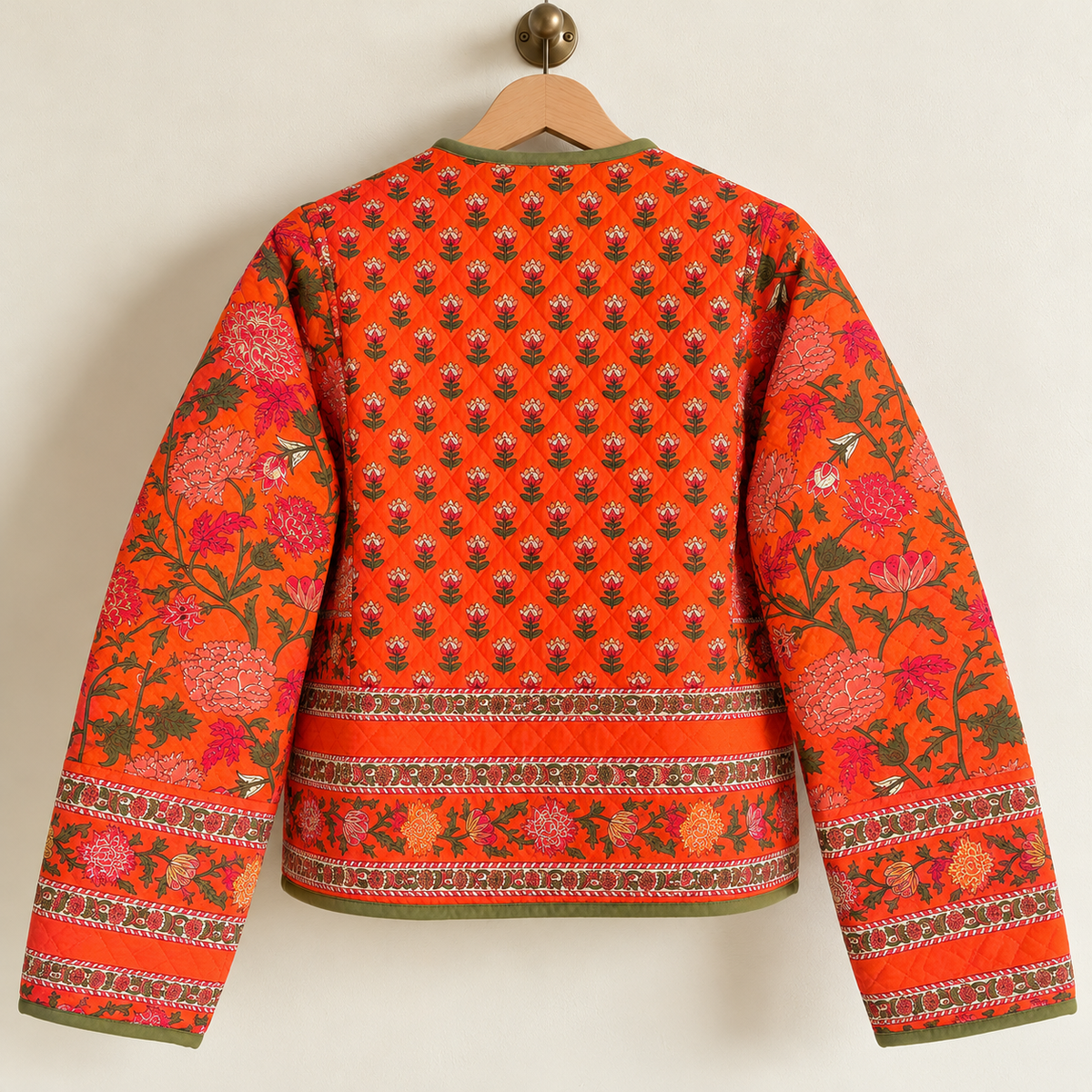 Reversible Orange Quilted Jacket Indian Block Print Cotton Short Coat Handcrafted Boho Jacket Women Lightweight Outerwear One Size Gift