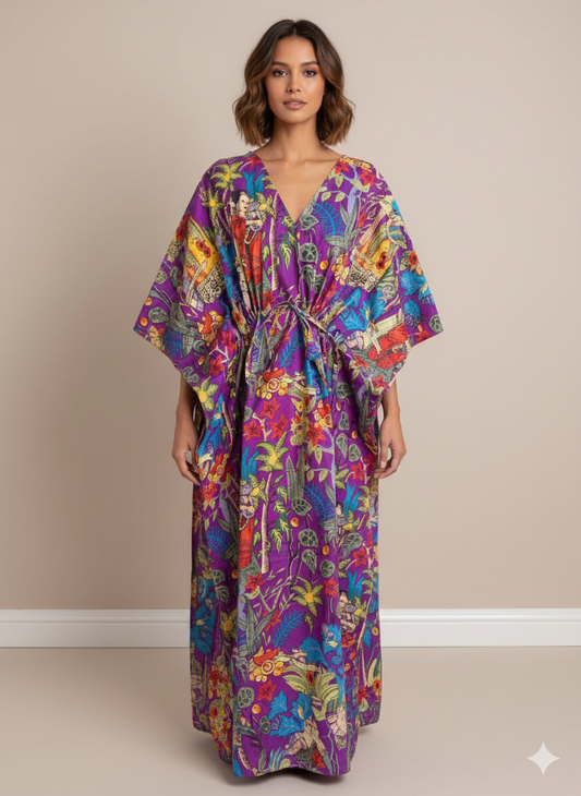 Hand Block Print Cotton Kaftan - Purple Frida Kahlo Portrait Long Maxi Dress, Soft Loungewear