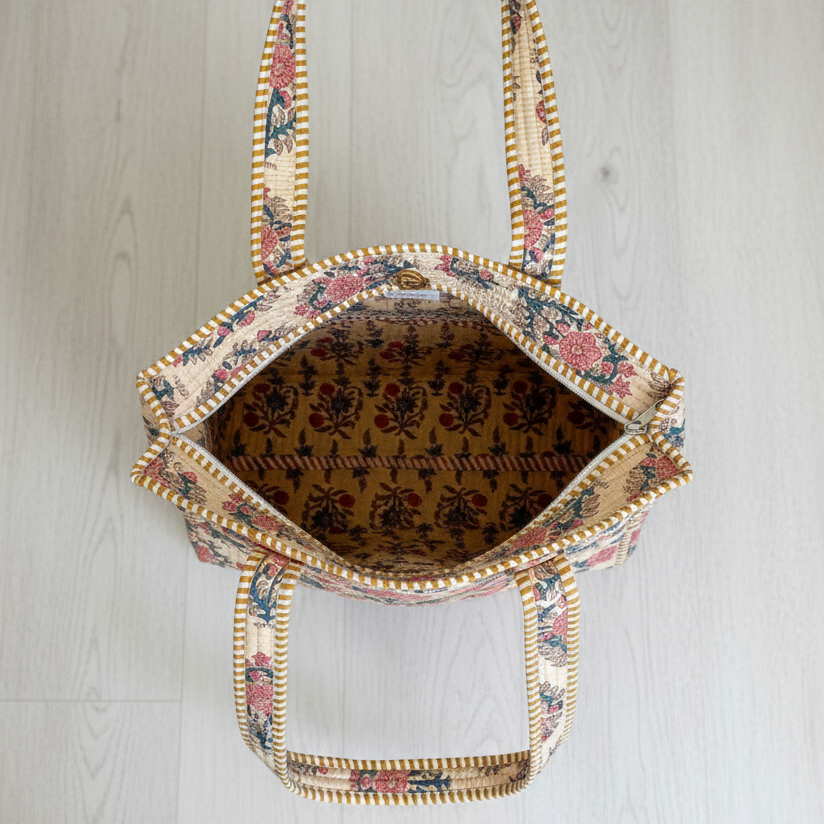 Handmade Beige Floral Block Print Quilted Cotton Tote Bag, Indian Boho Shoulder Bag, Botanical Travel Shopping Beach Bag