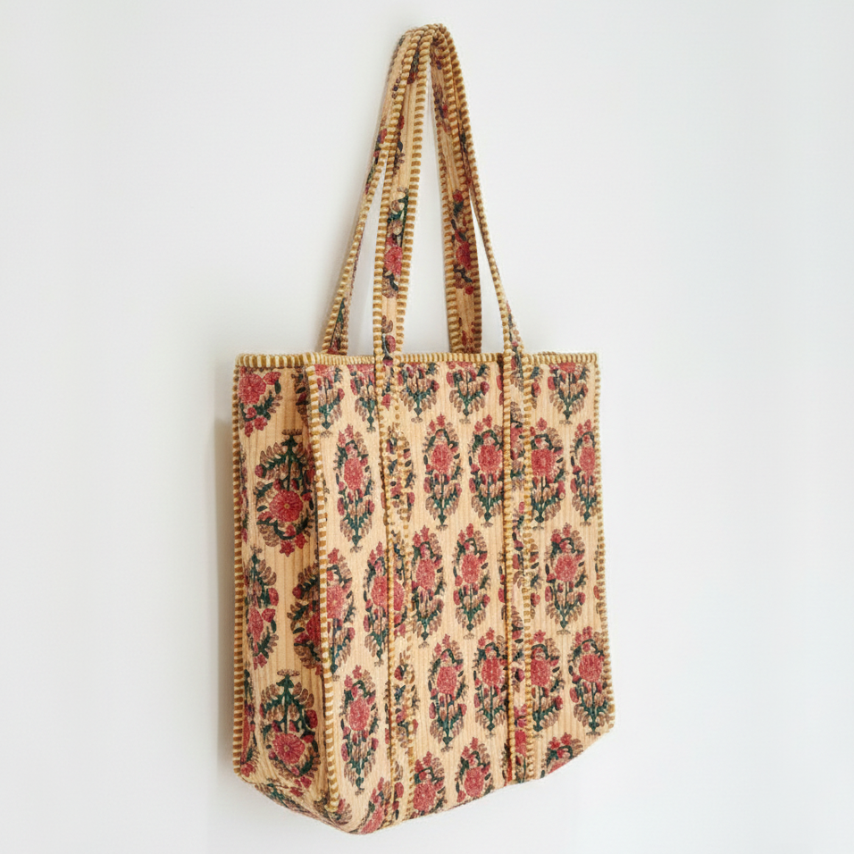 Handmade Beige Floral Block Print Quilted Cotton Tote Bag, Indian Boho Shoulder Bag, Botanical Travel Shopping Beach Bag