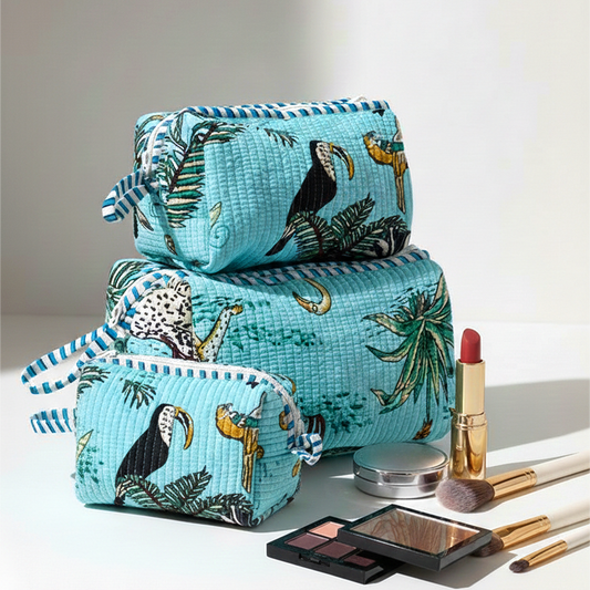 Set Of 3 Makeup Bag, Neel Safari Toucan Jungle Print Cotton Travel Case, Quilted Cosmetic Toiletry Kit