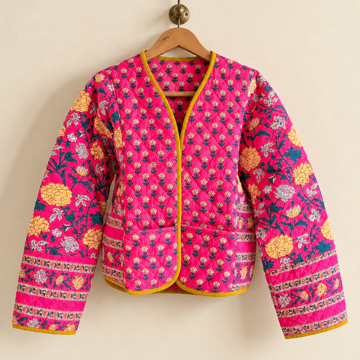 Reversible Orange Quilted Jacket Indian Block Print Cotton Short Coat Handcrafted Boho Jacket Women Lightweight Outerwear One Size Gift