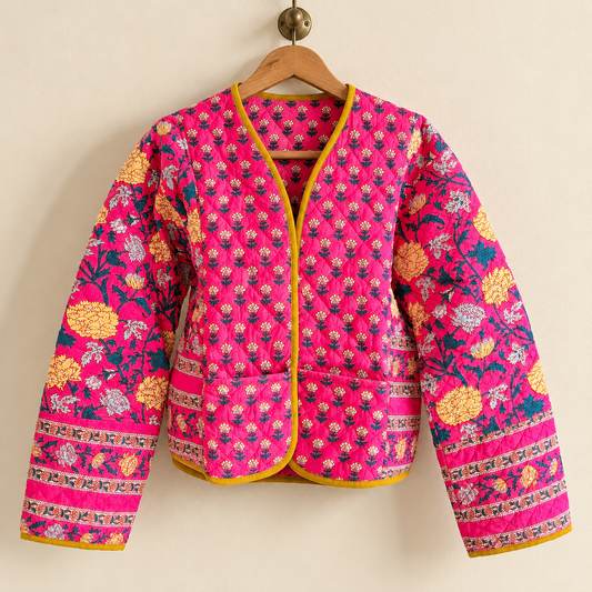 Reversible Pink Cotton Quilted Jacket Hand Block Print Short Coat Women Floral Indian Pattern Boho Jacket Lightweight Outerwear One Size