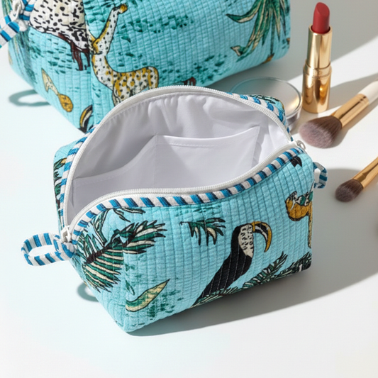 Set Of 3 Makeup Bag, Neel Safari Toucan Jungle Print Cotton Travel Case, Quilted Cosmetic Toiletry Kit