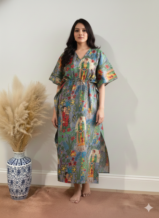 Hand Block Print Cotton Kaftan - Slate Grey Frida Kahlo Long Maxi Dress, Soft Loungewear