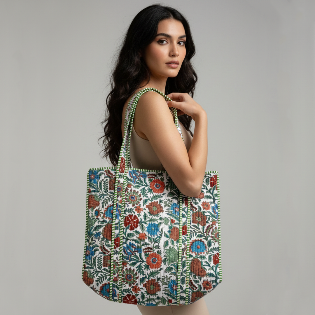 Handmade Multi Floral Block Print Quilted Cotton Tote Bag, Indian Boho Shoulder Bag, Botanical Travel Shopping Beach Bag