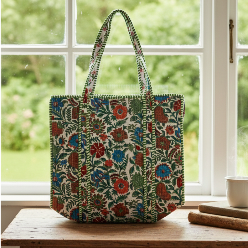 Handmade Multi Floral Block Print Quilted Cotton Tote Bag, Indian Boho Shoulder Bag, Botanical Travel Shopping Beach Bag