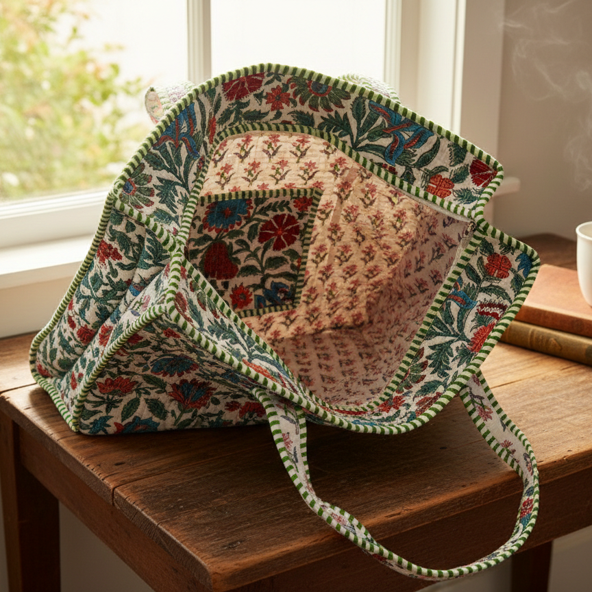 Handmade Multi Floral Block Print Quilted Cotton Tote Bag, Indian Boho Shoulder Bag, Botanical Travel Shopping Beach Bag