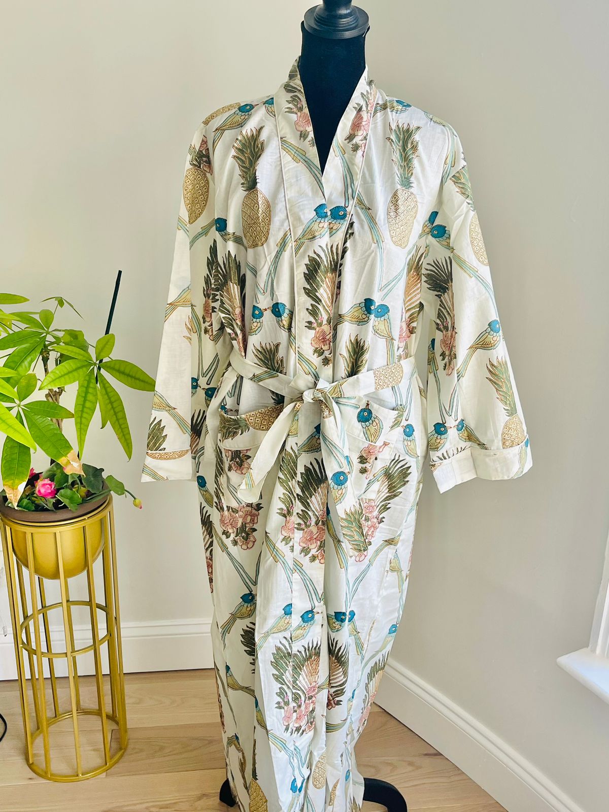 Handcrafted Block Print Cotton Kimono Robe | Blue Birds, Pineapples & Floral Botanical Lounge Robe | Spa & Sleepwear