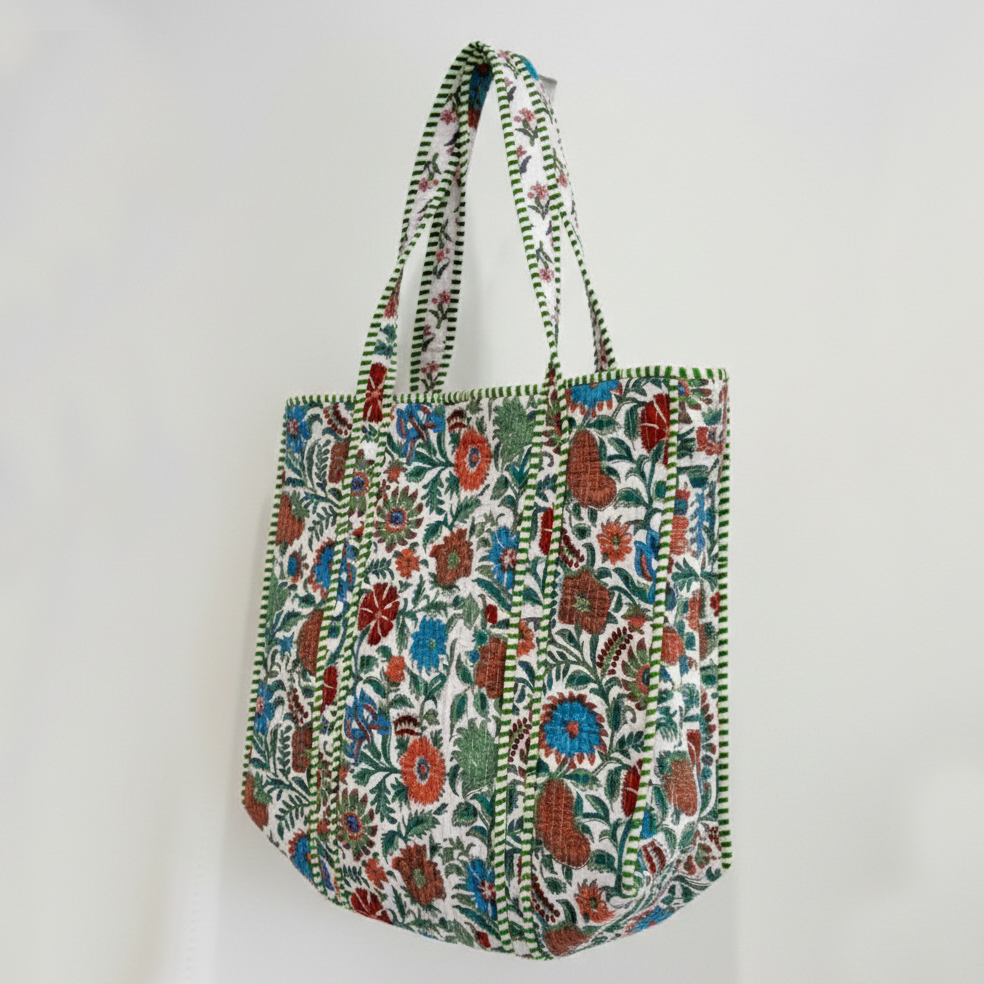 Handmade Multi Floral Block Print Quilted Cotton Tote Bag, Indian Boho Shoulder Bag, Botanical Travel Shopping Beach Bag