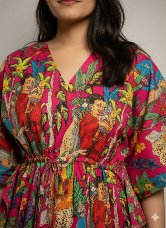 Hand Block Print Cotton Kaftan - Magenta Pink Frida Kahlo Long Maxi Dress, Soft Loungewear