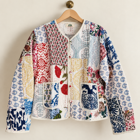 Cotton Patchwork Quilted Jacket Indian Hand Kantha Stitch Short Coat Women Boho Block Print Outerwear Lightweight Cardigan Gift For Her