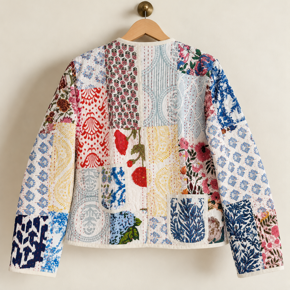 Cotton Patchwork Quilted Jacket Indian Hand Kantha Stitch Short Coat Women Boho Block Print Outerwear Lightweight Cardigan Gift For Her