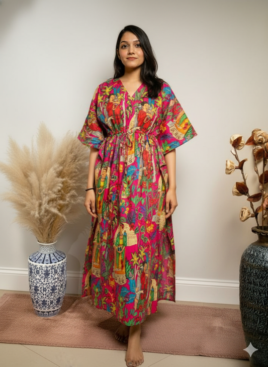 Hand Block Print Cotton Kaftan - Magenta Pink Frida Kahlo Long Maxi Dress, Soft Loungewear
