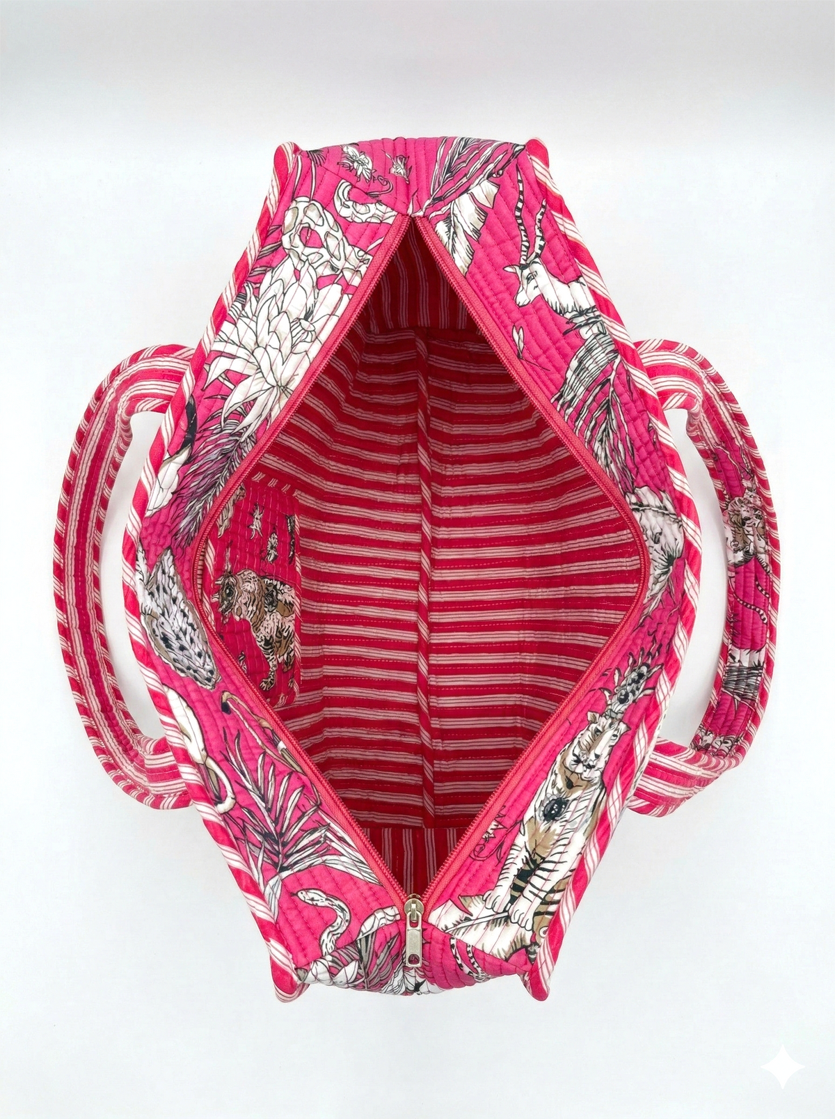 Handmade Pink Safari Jungle Print Quilted Cotton Tote Bag, Indian Block Print Tiger Monkey Boho Shoulder Bag, Animal Print Travel Beach Bag