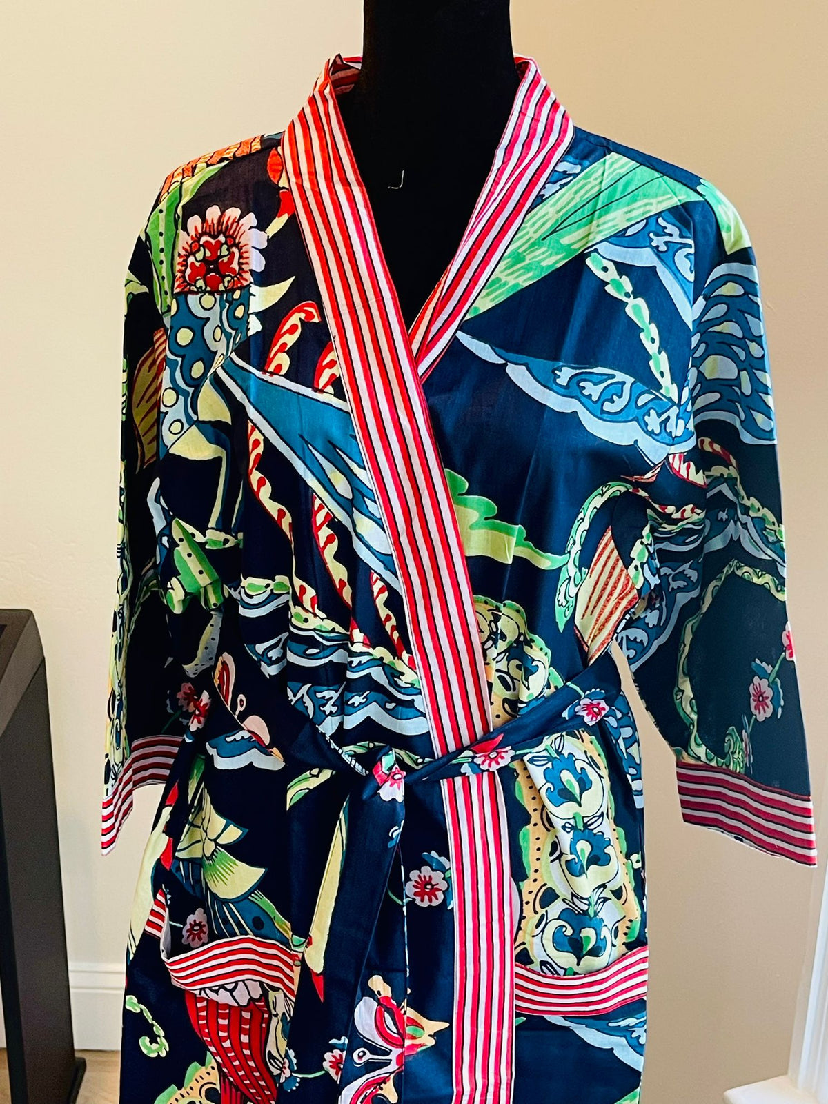Handcrafted Block Print Cotton Kimono Robe | Navy Blue & Red Striped Trim Abstract Floral Lounge Robe | Spa & Sleepwear