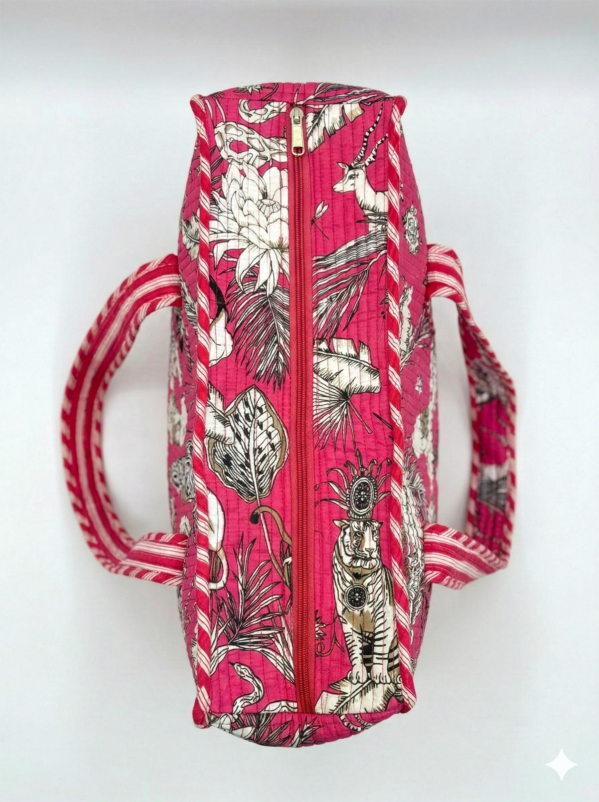 Handmade Pink Safari Jungle Print Quilted Cotton Tote Bag, Indian Block Print Tiger Monkey Boho Shoulder Bag, Animal Print Travel Beach Bag