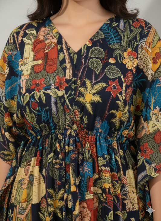 Hand Block Print Cotton Kaftan - Navy Blue Frida Kahlo Portrait Long Maxi Dress, Soft Loungewear