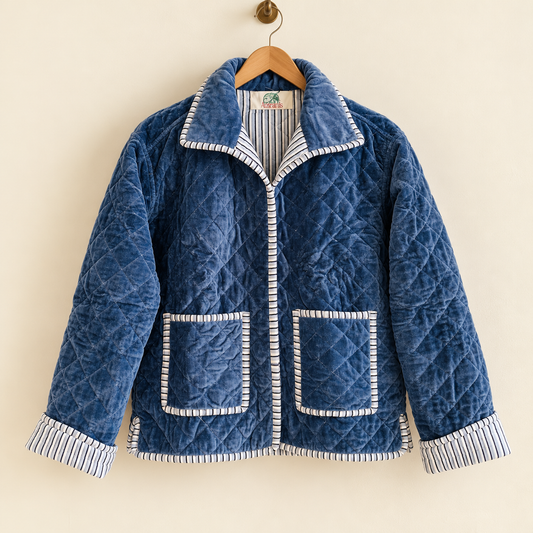Reversible Blue Velvet Quilted Jacket Women Boho Short Coat Velvet Lined Striped Piping Winter Jacket Handcrafted Outerwear Gift For Her