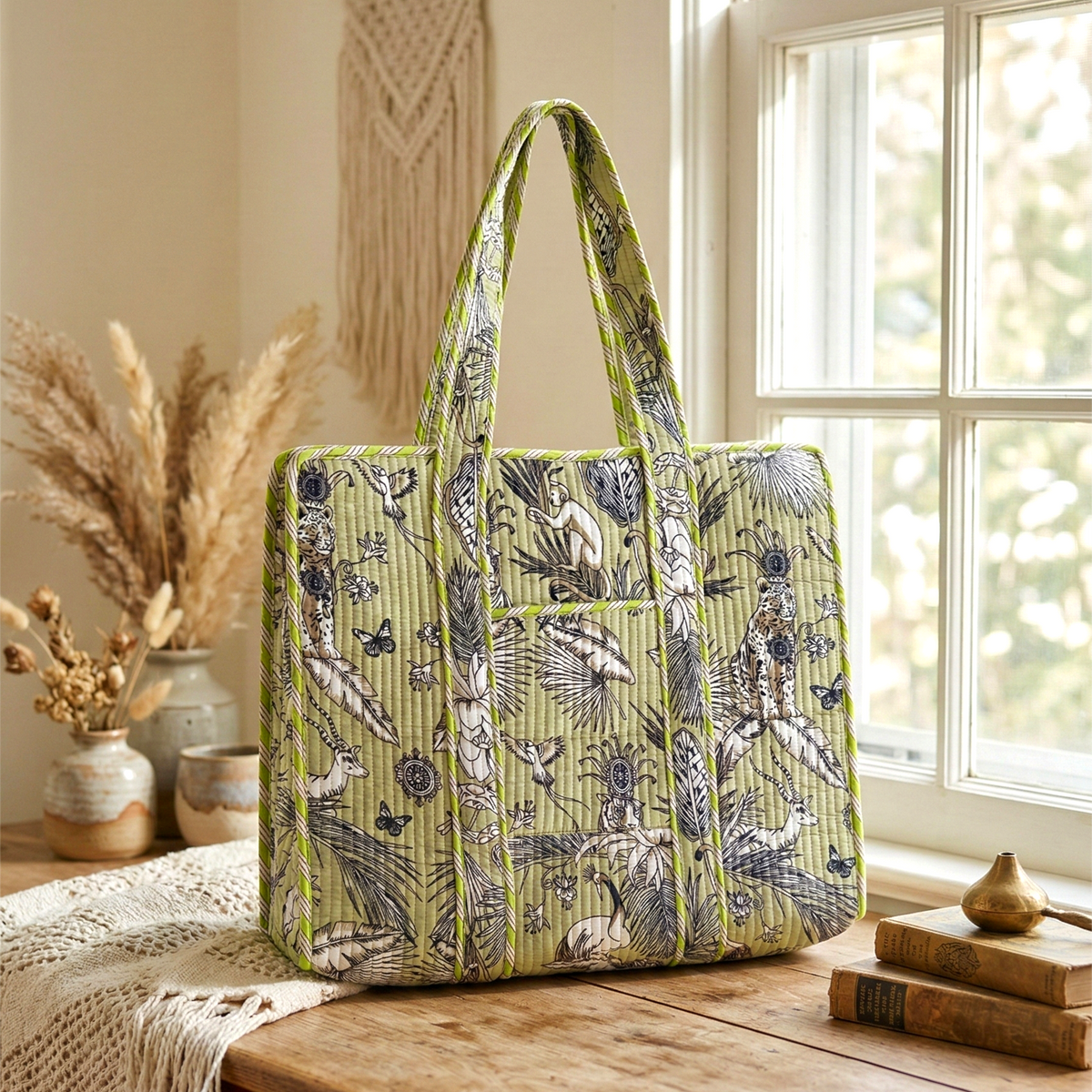 Handmade Pink Safari Jungle Print Quilted Cotton Tote Bag, Indian Block Print Tiger Monkey Boho Shoulder Bag, Animal Print Travel Beach Bag