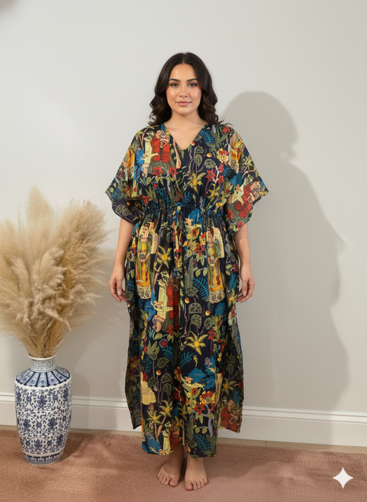 Hand Block Print Cotton Kaftan - Navy Blue Frida Kahlo Portrait Long Maxi Dress, Soft Loungewear