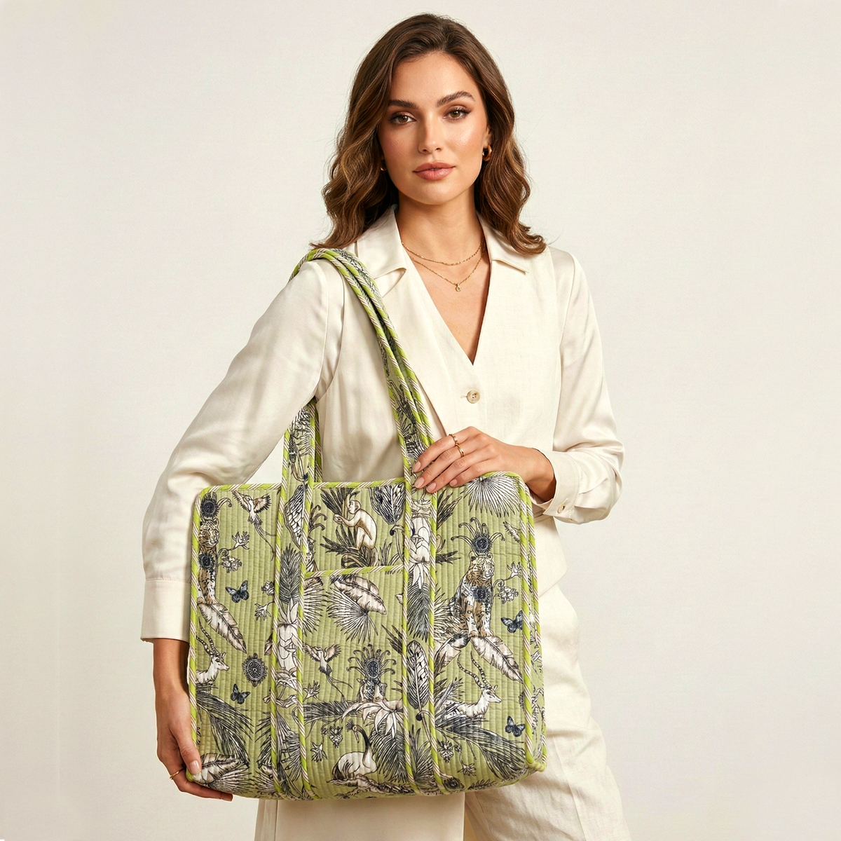 Handmade Pink Safari Jungle Print Quilted Cotton Tote Bag, Indian Block Print Tiger Monkey Boho Shoulder Bag, Animal Print Travel Beach Bag