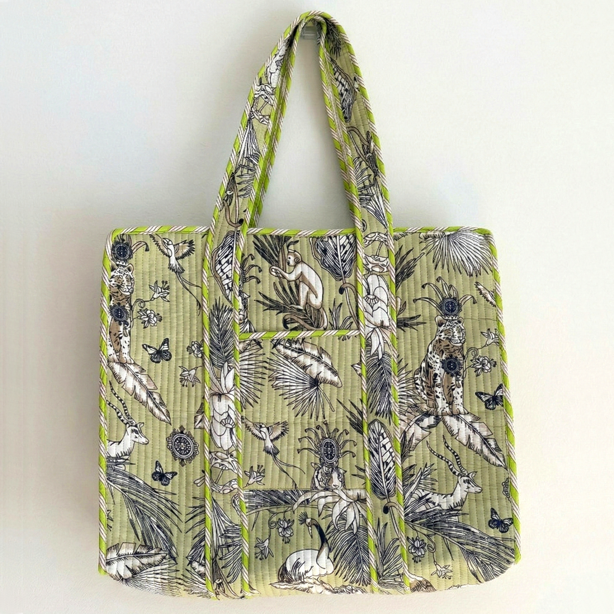 Handmade Pink Safari Jungle Print Quilted Cotton Tote Bag, Indian Block Print Tiger Monkey Boho Shoulder Bag, Animal Print Travel Beach Bag