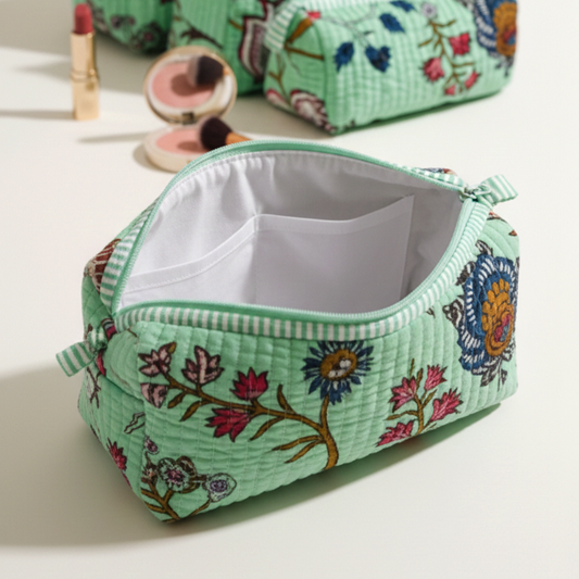 Set Of 3 Makeup Bag, Pahari Bel Floral Block Print Cotton Travel Case, Quilted Cosmetic Storage Bag Set