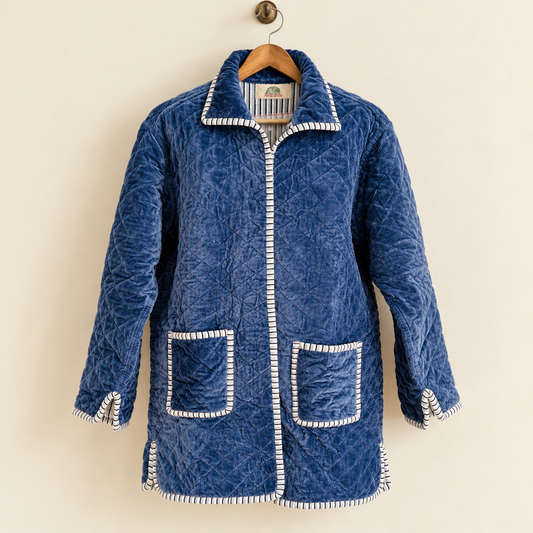 Reversible Blue Quilted Velvet Long Coat Women Boho Trench Style Winter Jacket Handcrafted Cotton Lined Duster Outerwear Gift For Her