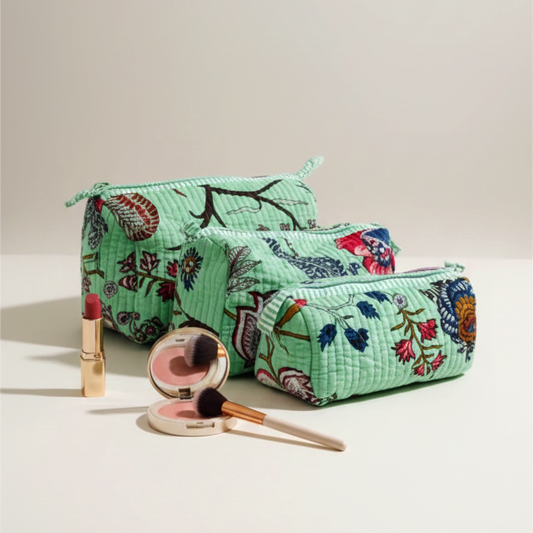 Set Of 3 Makeup Bag, Pahari Bel Floral Block Print Cotton Travel Case, Quilted Cosmetic Storage Bag Set
