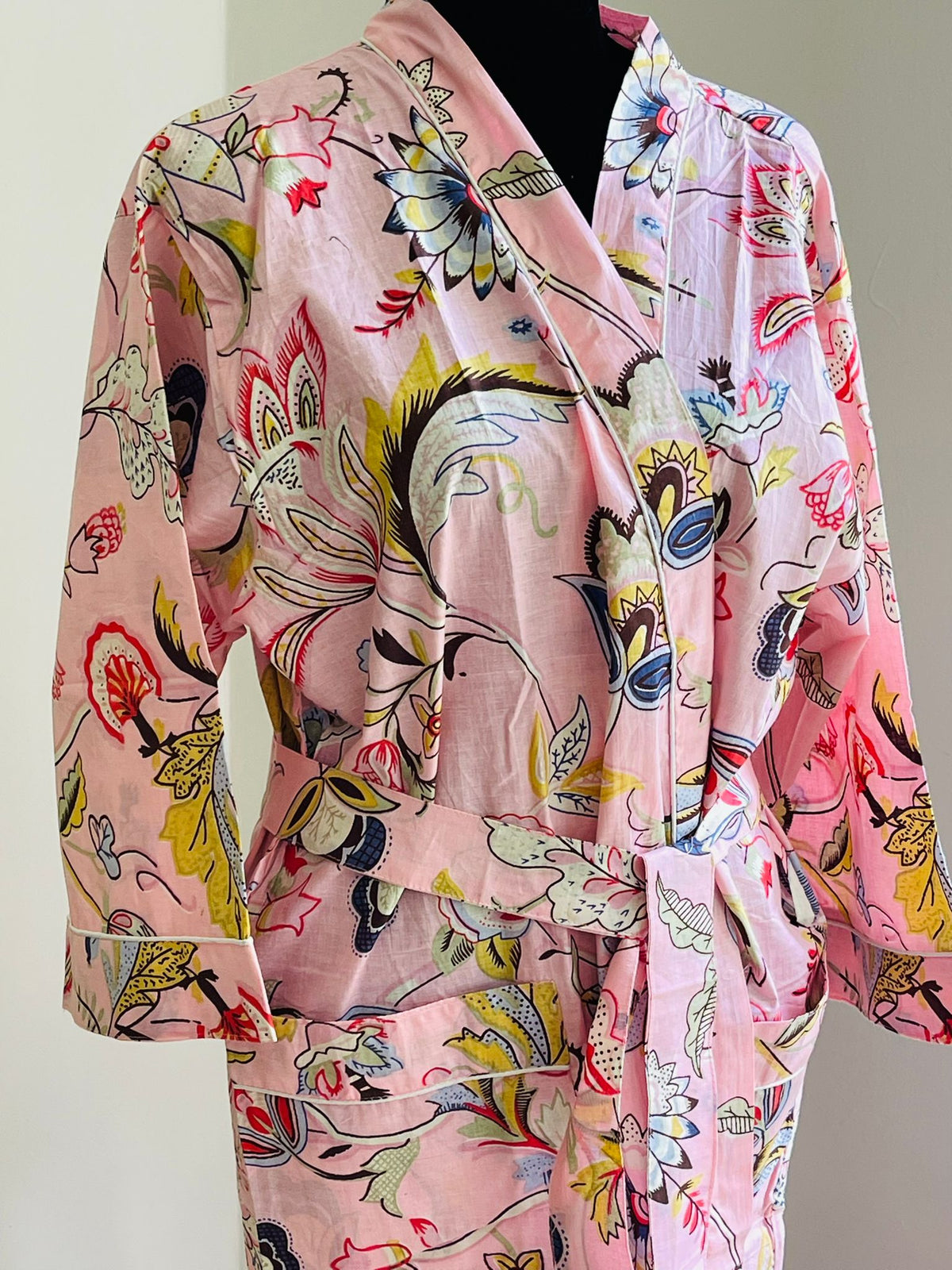 Handcrafted Block Print Cotton Kimono Robe | Soft Pink & Multicolor Floral Tapestry Lounge Robe | Spa & Sleepwear