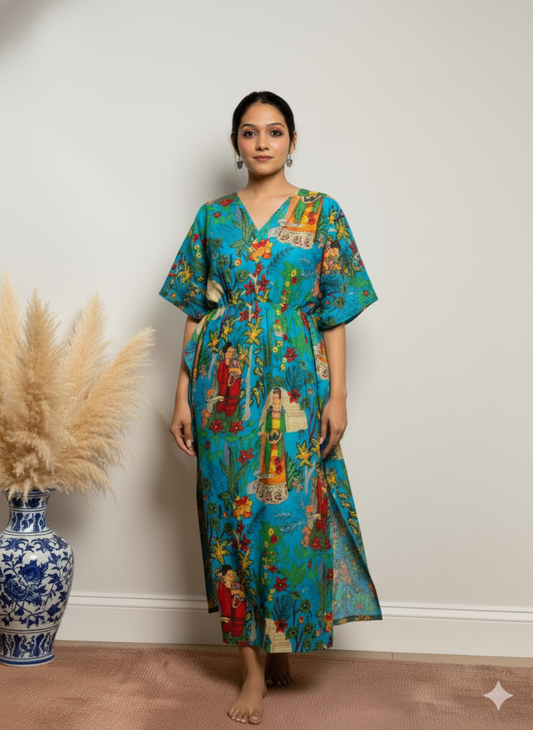 Hand Block Print Cotton Kaftan - Turquoise Blue Frida Kahlo Long Maxi Dress, Soft Loungewear