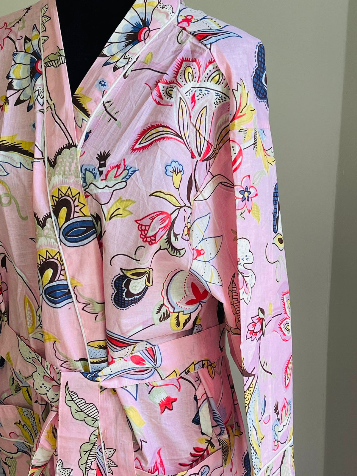 Handcrafted Block Print Cotton Kimono Robe | Soft Pink & Multicolor Floral Tapestry Lounge Robe | Spa & Sleepwear