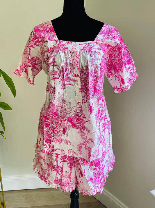 Hot Pink & White Tropical Toile Print Cotton Shorts Set, Square Neck Button Placket Sleepwear & Loungewear