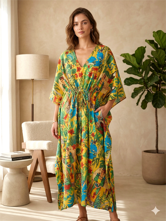 Hand Block Print Cotton Kaftan - Bright Yellow Frida Kahlo Long Maxi Dress, Soft Loungewear