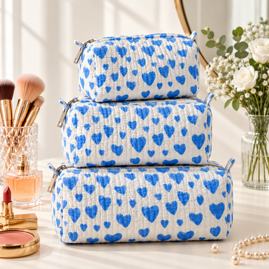Set Of 3 Makeup Bag, Indigo Heart Block Print Cotton Travel Case, Quilted Cosmetic Storage Bag Set