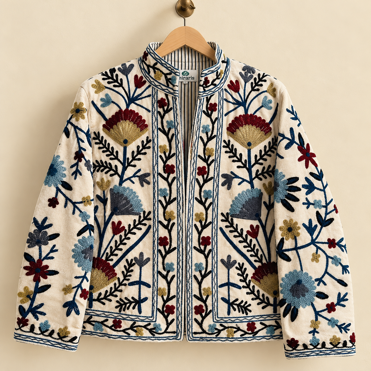 Embroidered Heart Velvet Jacket Royal Blue Short Coat Women Cute Boho Winter Wear Handcrafted Striped Cuff Outerwear Gift For Her