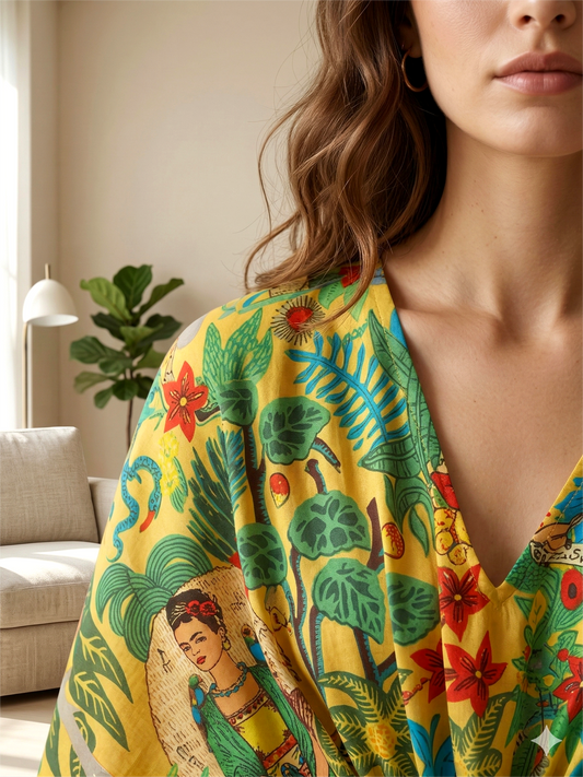 Hand Block Print Cotton Kaftan - Bright Yellow Frida Kahlo Long Maxi Dress, Soft Loungewear
