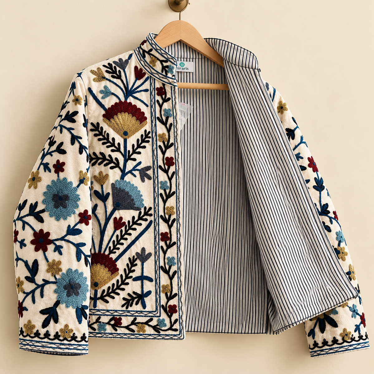 Embroidered Heart Velvet Jacket Royal Blue Short Coat Women Cute Boho Winter Wear Handcrafted Striped Cuff Outerwear Gift For Her