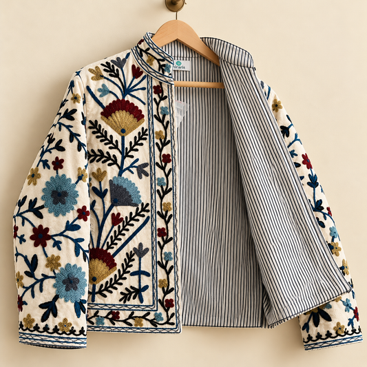 Suzani Velvet Jacket Ivory Embroidered Floral Short Coat Vintage Style Boho Winter Wear Women Handcrafted Suzani Coat Gift For Her