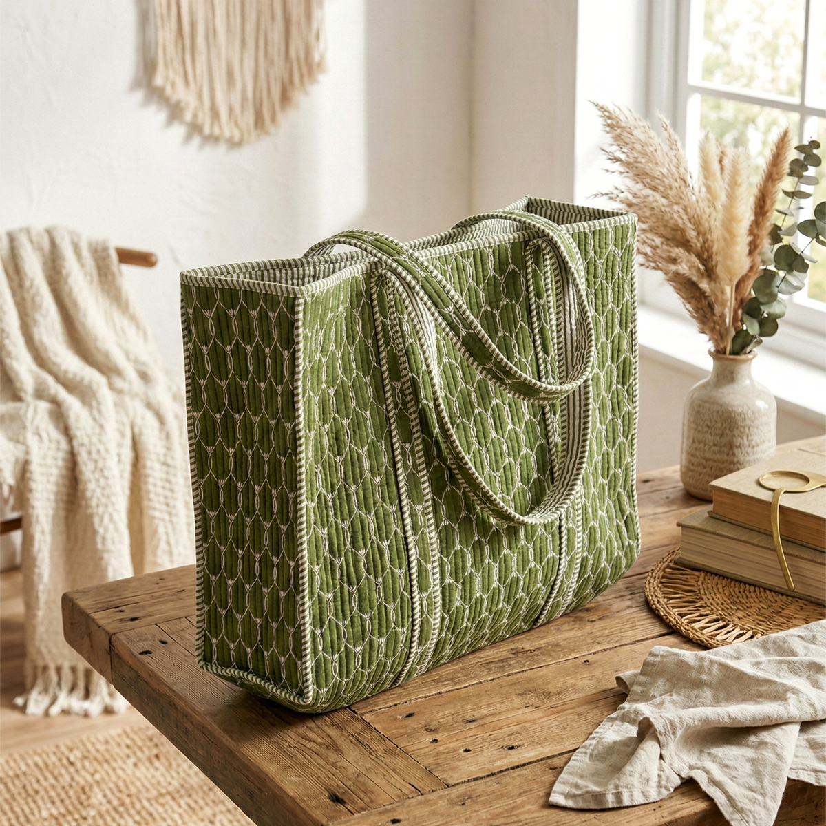Handmade Green Geometric Print Quilted Cotton Tote Bag, Indian Block Print Lattice Boho Shoulder Bag, Minimalist Travel Beach Bag