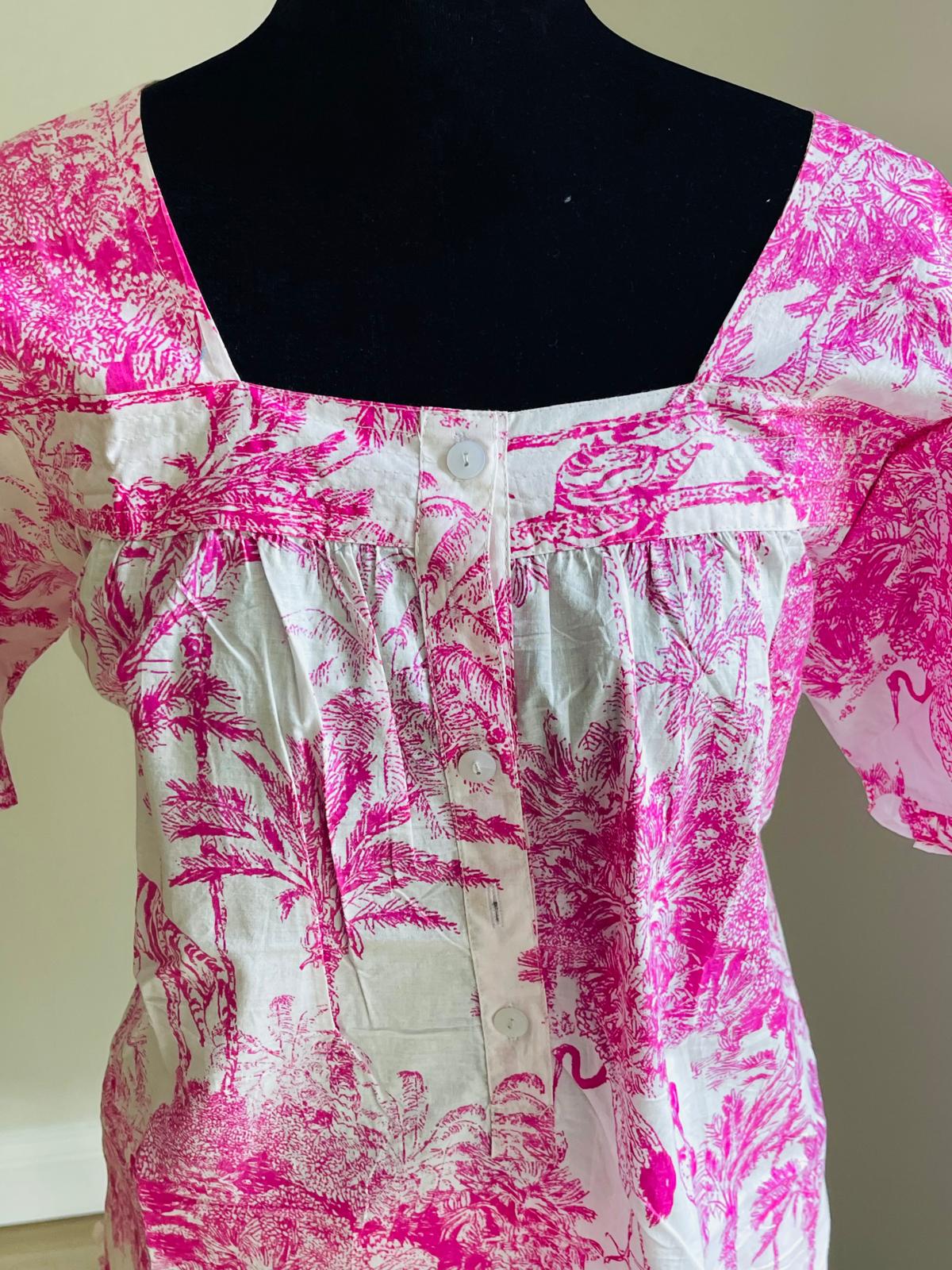 Hot Pink & White Tropical Toile Print Cotton Shorts Set, Square Neck Button Placket Sleepwear & Loungewear