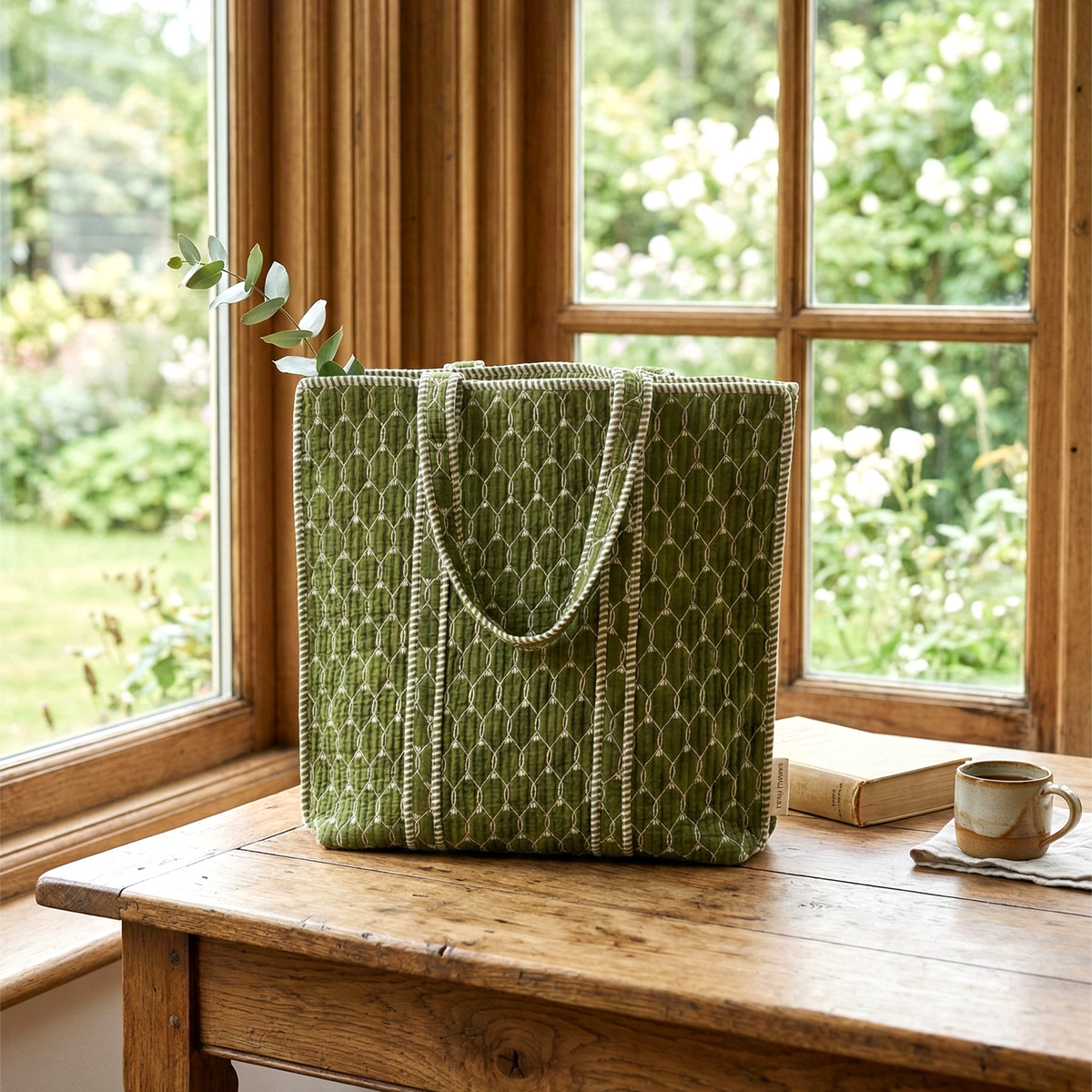 Handmade Green Geometric Print Quilted Cotton Tote Bag, Indian Block Print Lattice Boho Shoulder Bag, Minimalist Travel Beach Bag