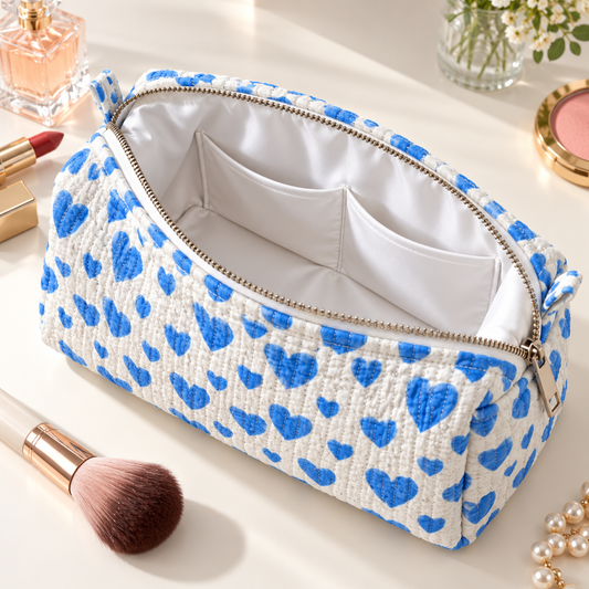 Set Of 3 Makeup Bag, Indigo Heart Block Print Cotton Travel Case, Quilted Cosmetic Storage Bag Set
