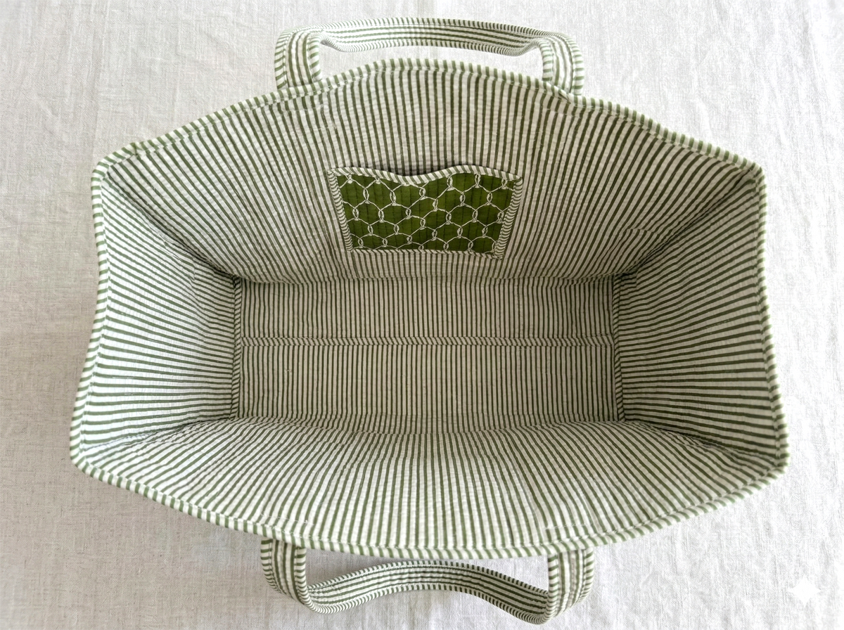 Handmade Green Geometric Print Quilted Cotton Tote Bag, Indian Block Print Lattice Boho Shoulder Bag, Minimalist Travel Beach Bag